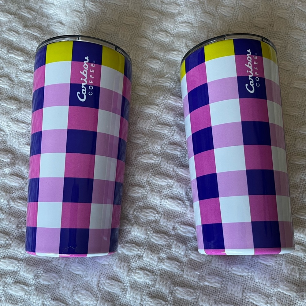 Caribou Coffee Tumblers 16oz Picnic Plaid pink purple yellow Sold Out 2 NWT